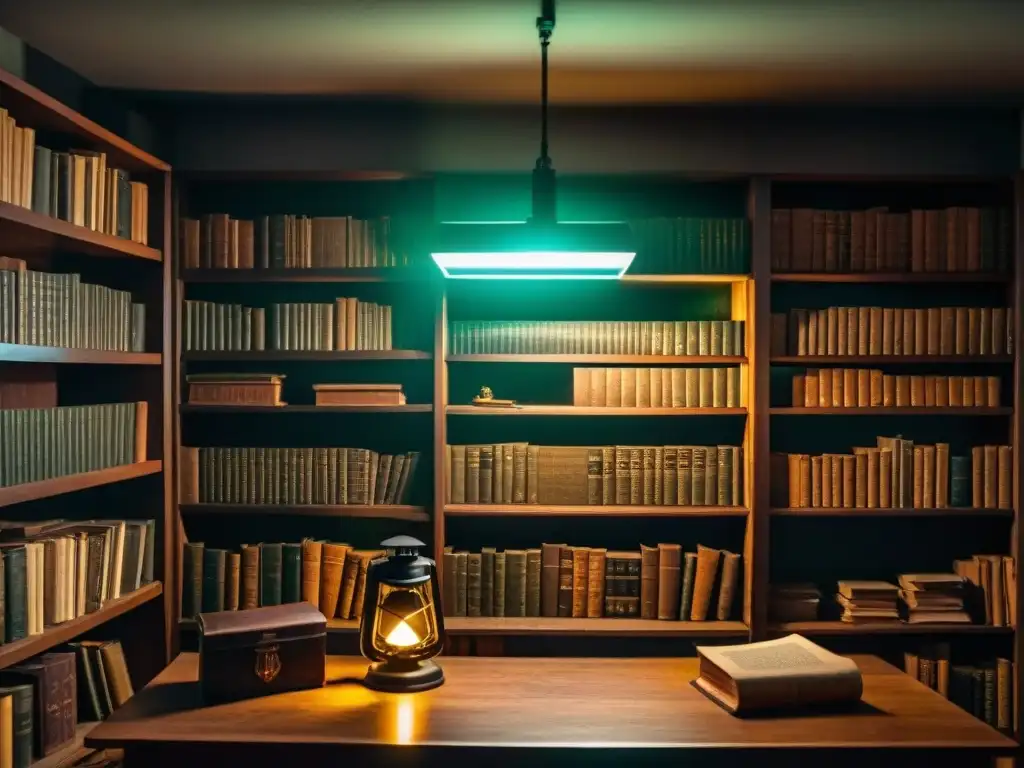 Misteriosa habitación de investigación paranormal Un rincón misterioso lleno de libros antiguos y equipamiento para investigación paranormal, iluminado por una tenue luz