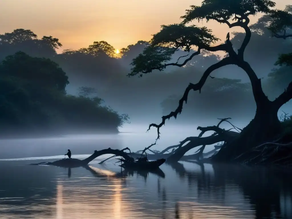 Misterio del río al anochecer: la enigmática belleza del esturión chino Un río sombrío y misterioso con un Pez Espátula Chino deslizándose en la penumbra