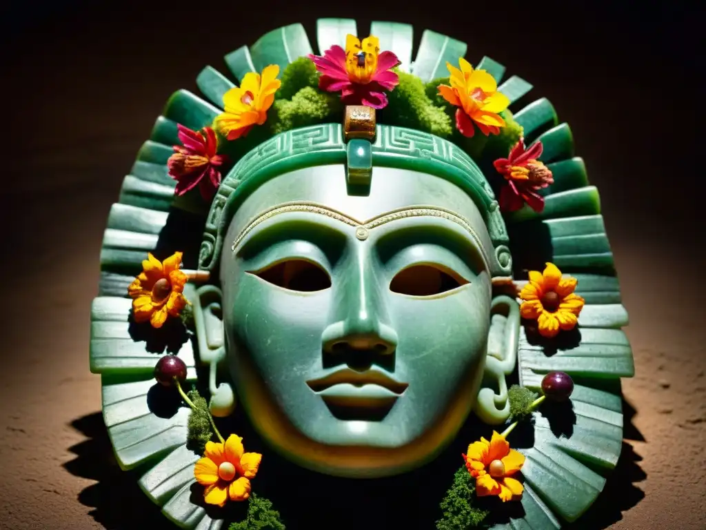 Máscara funeraria maya de jade: un ritual de conexión etérea Ritos funerarios de culturas milenarias: máscara funeraria maya de jade con piedras preciosas y detalles intrincados