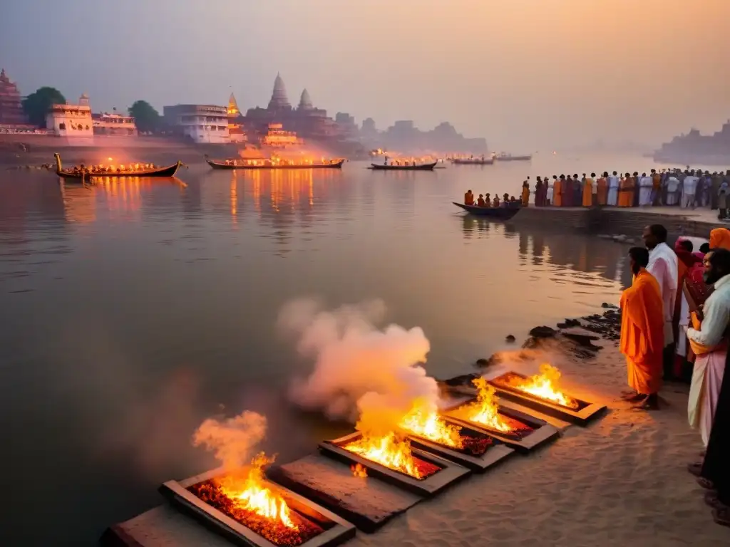 Ceremonia funeraria hindú en el Ganges: fuego, misterio y rituales Ritos funerarios en Varanasi: cuerpo en llamas rodeado de dolientes, templos antiguos y neblina