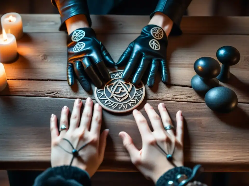 Rituales místicos: manos en guantes negros disponen antiguas runas Un ritual paranormal: manos con guantes negros disponen símbolos antiguos en piedras iluminadas en mesa de madera