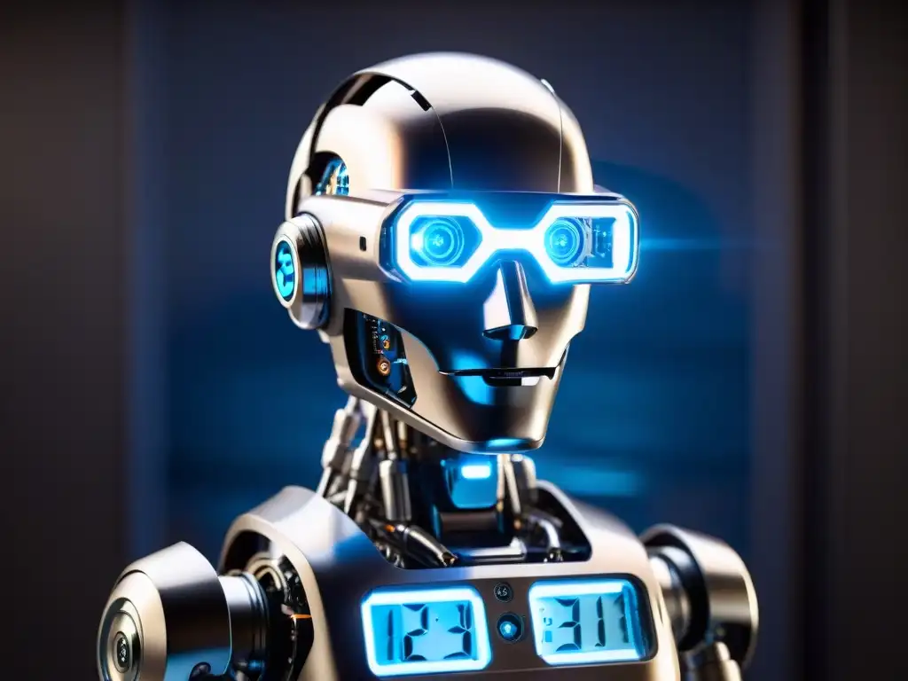 Robot futurista con ojos azules brillantes en habitación sombría - Inteligencia artificial avanzada y enigma a las 11:11 Un robot metálico futurista con ojos azules brillantes en una habitación oscura