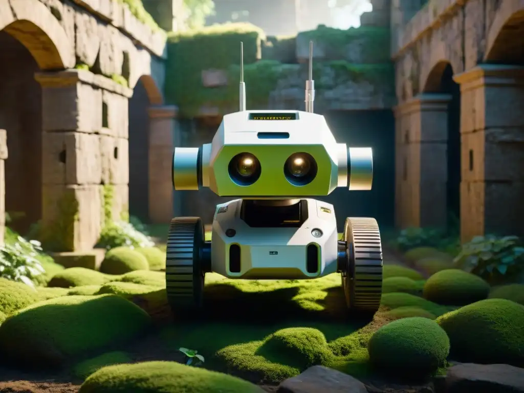 Explorador robótico en ruinas antiguas Un robot de vanguardia explorando ruinas históricas con sensores avanzados y cámaras, entre estructuras antiguas cubiertas de vegetación