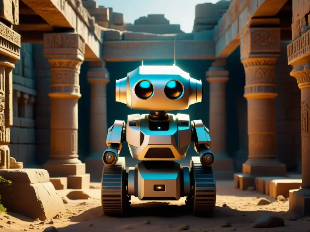 Explorador robótico en ruinas antiguas: fusión tecnológica e histórica Robots en ruinas exploración histórica: Robot explorador avanzado en ruinas antiguas, fusionando tecnología y pasado
