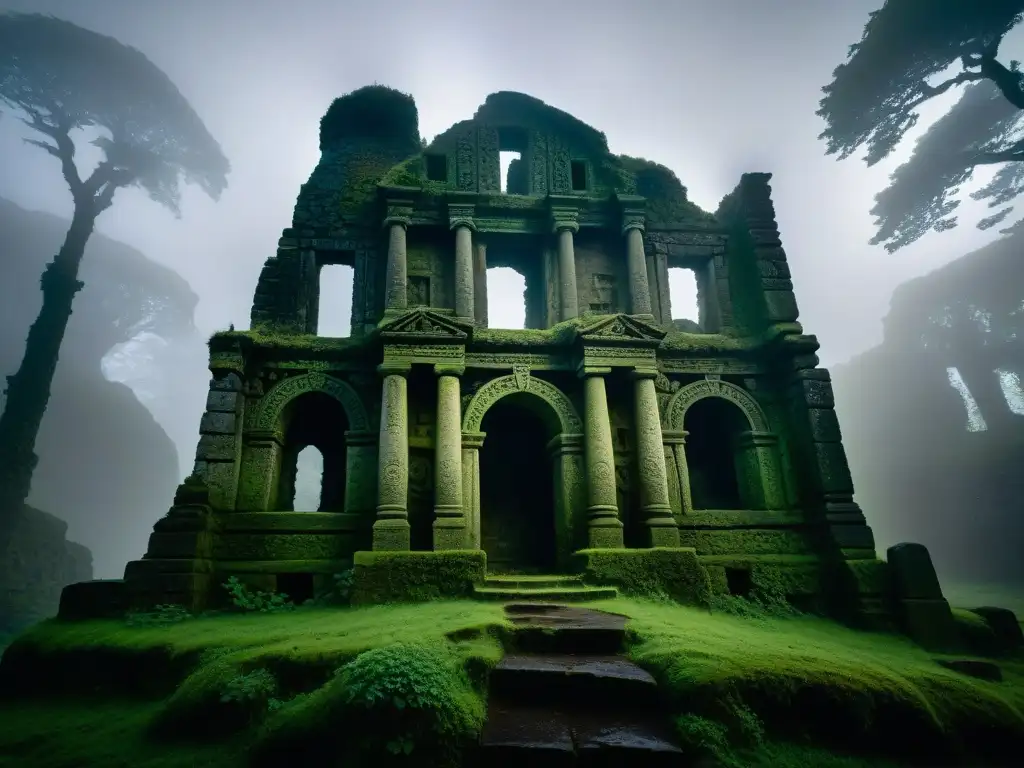 Ruinas ancestrales envueltas en niebla con figuras espectrales Ruina antigua cubierta de musgo en la niebla, con figuras espectrales en la sombra