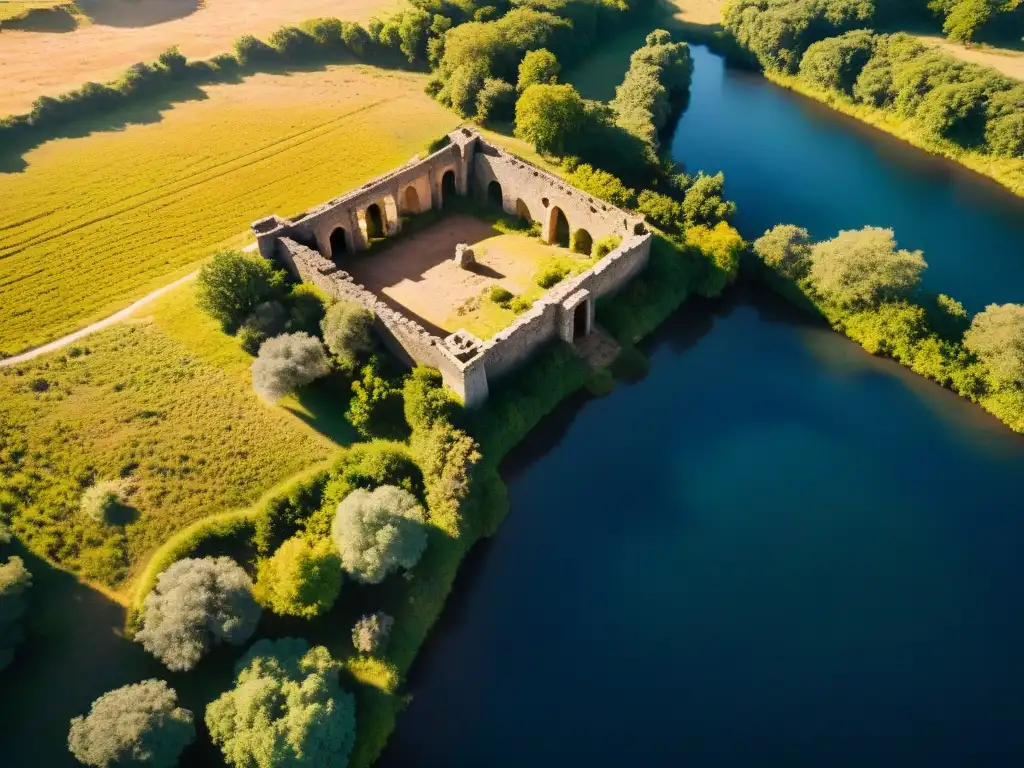 Ruinas ancestrales en paisaje desolado: captura aérea impactante Ruinas antiguas cubiertas de vegetación en un paisaje desolado, capturadas por un dron