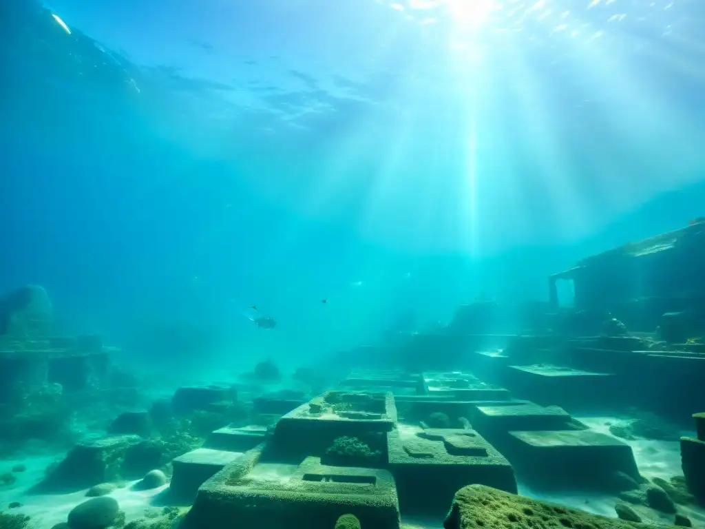 Descubre la misteriosa ciudad sumergida: ruinas antiguas y vida marina Ruinas antiguas cubiertas de vida marina en una ciudad sumergida misteriosa