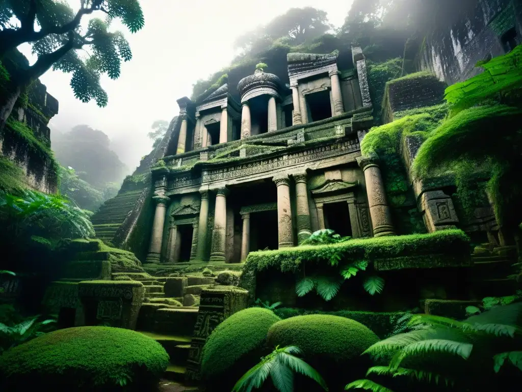 Ruinas ancestrales envueltas en misterio en la selva densa Ruinas antiguas envueltas en misterio en la selva, con inscripciones en piedra