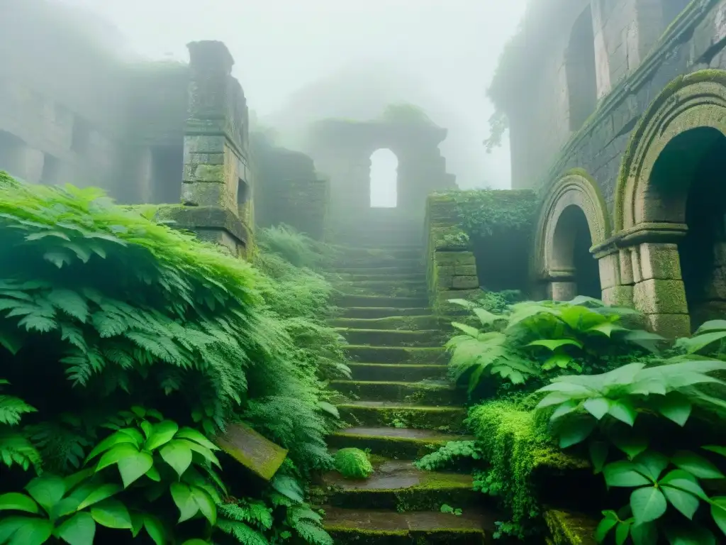 Misteriosas ruinas antiguas envueltas en niebla y misterio Ruinas antiguas envueltas en la neblina, con símbolos y vegetación vibrante