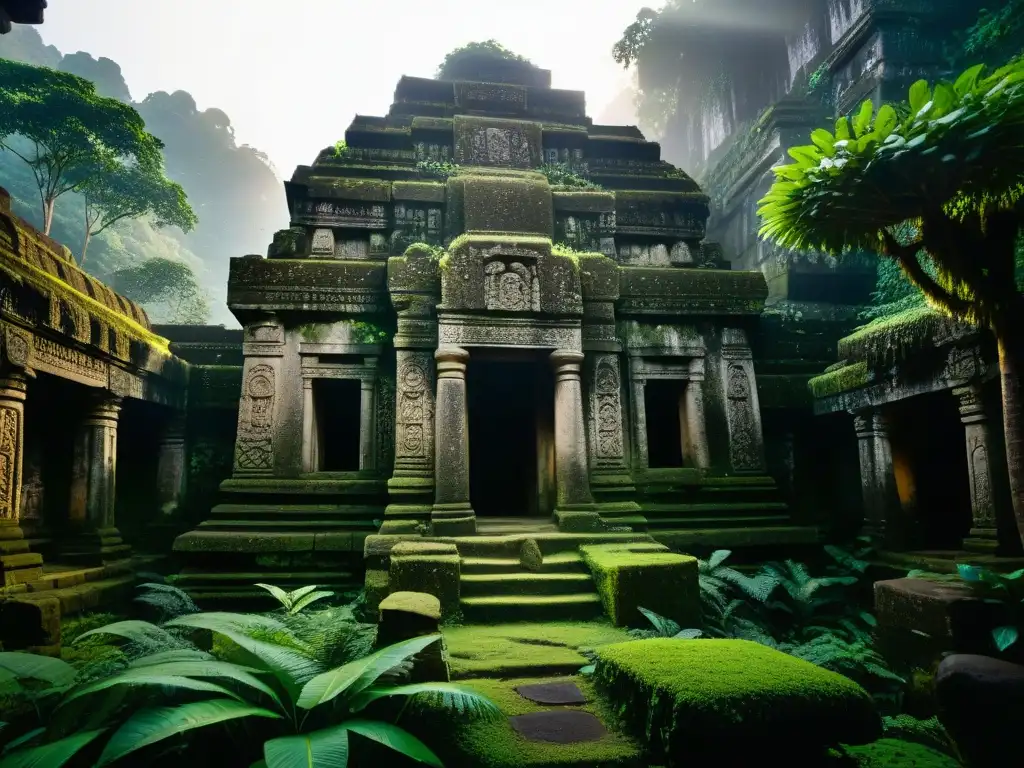 Ruinas antiguas en la jungla: misterio y encanto ancestral Ruinas antiguas envueltas en niebla en la jungla: misterio y encanto