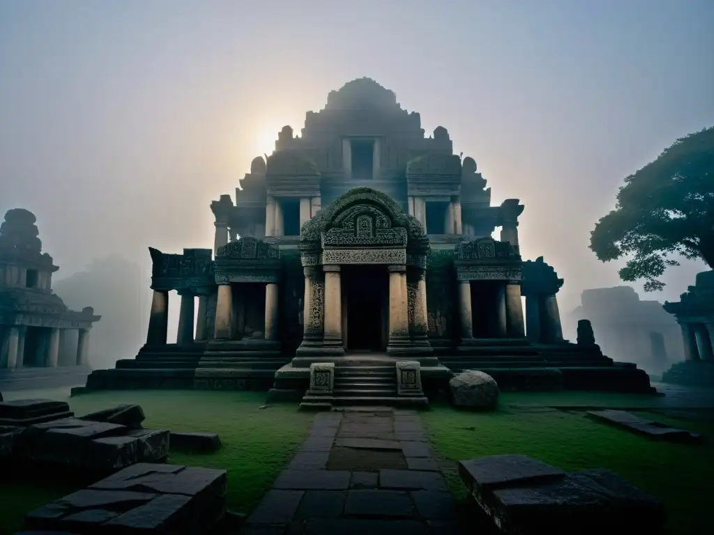 Misterio entre ruinas: espectro en templo antiguo al amanecer Ruinas antiguas envueltas en niebla al amanecer, detectando fantasmas entre sombras y misterio