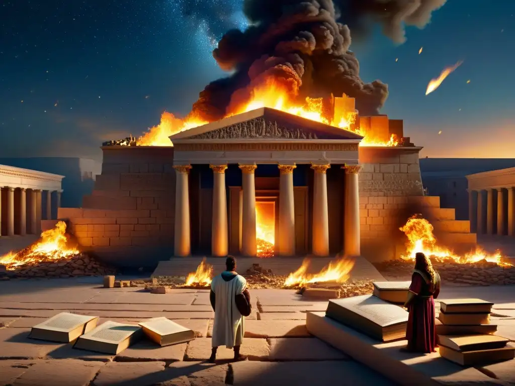 Ruinas iluminadas por llamas de la Biblioteca de Alejandría en un misterioso incendio