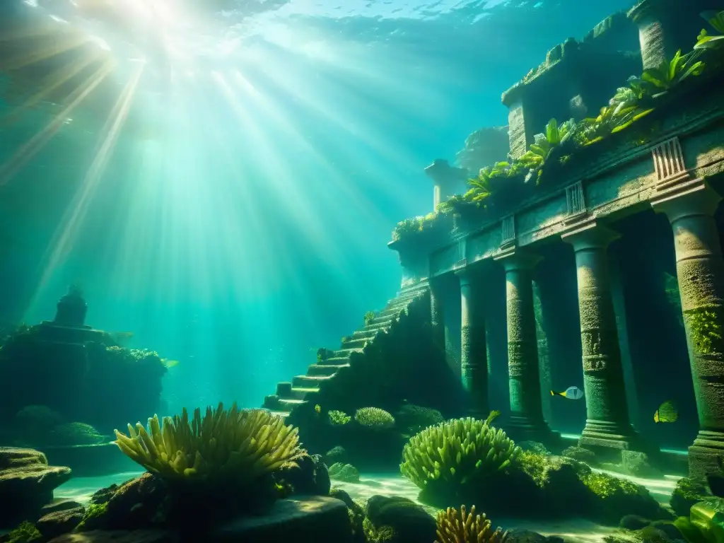 Descubre la ciudad perdida de Atlantis en una imagen submarina en 8k Ruinas marinas vibrantes en ciudad sumergida, con rayos de sol y vida marina
