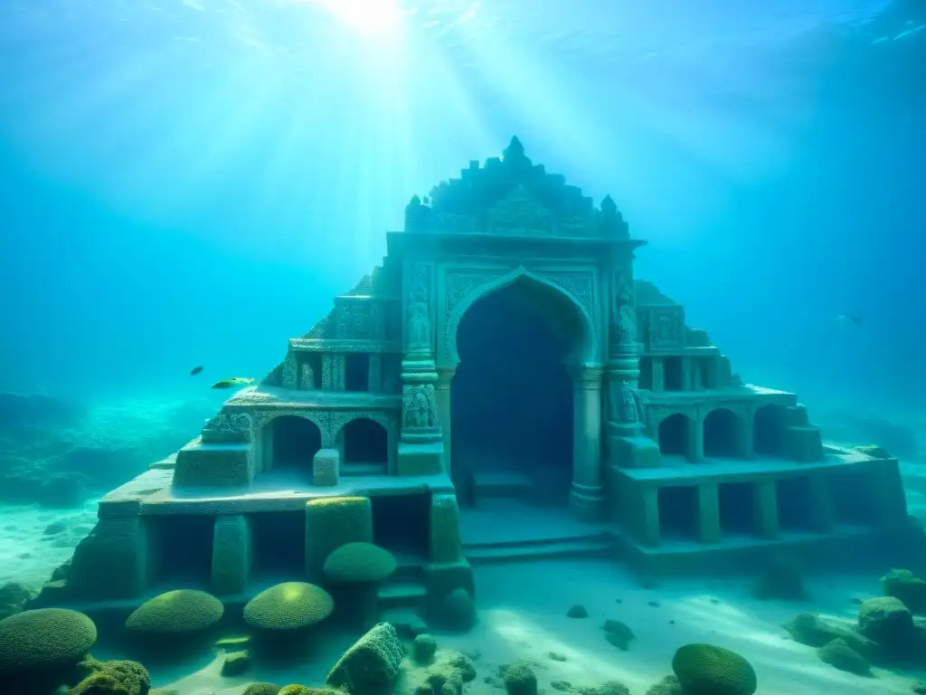 Misteriosas ruinas submarinas de Dwarka: ciudad perdida de Krishna Ruinas subacuáticas de la ciudad sumergida Dwarka Krishna, con grabados intrincados y peces coloridos, iluminadas por rayos de sol en aguas azules