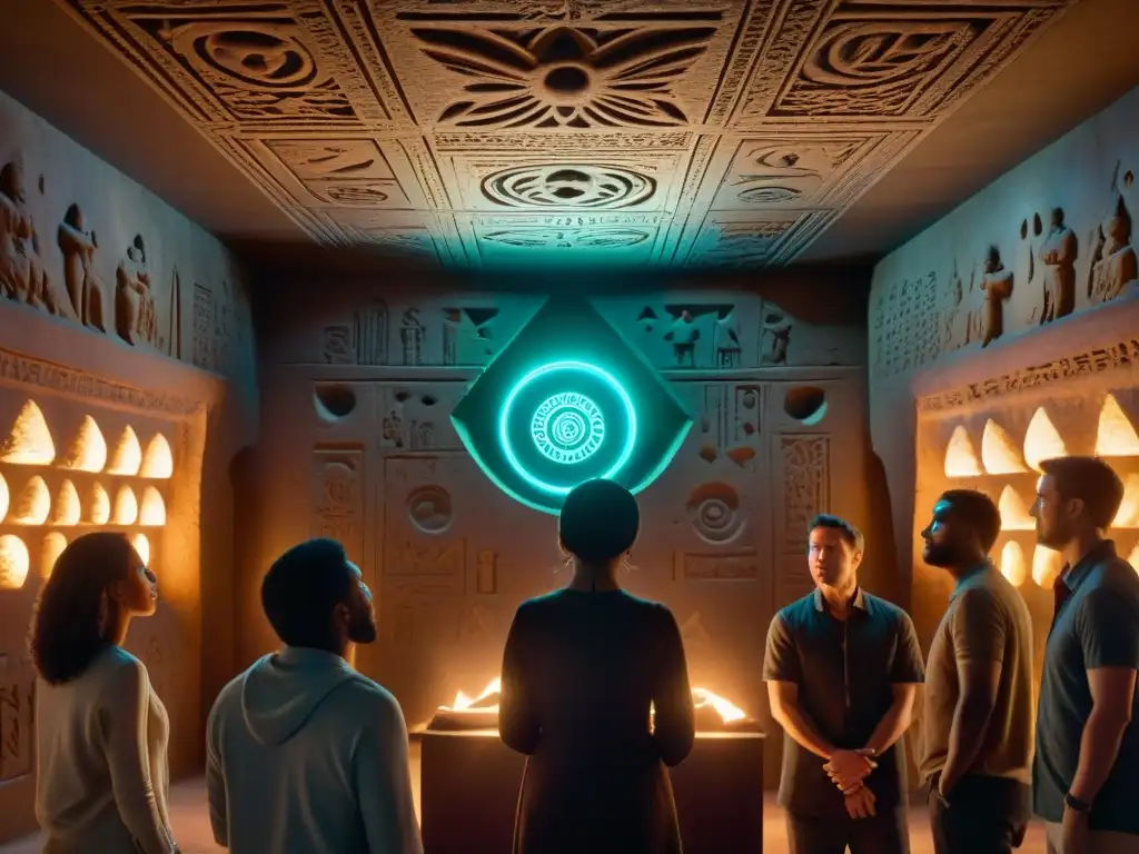 Encuentro místico: ser sobrenatural comunica enigmáticamente Una sala misteriosa, iluminada débilmente, con entidades interdimensionales misterios sin resolver comunicándose con gestos