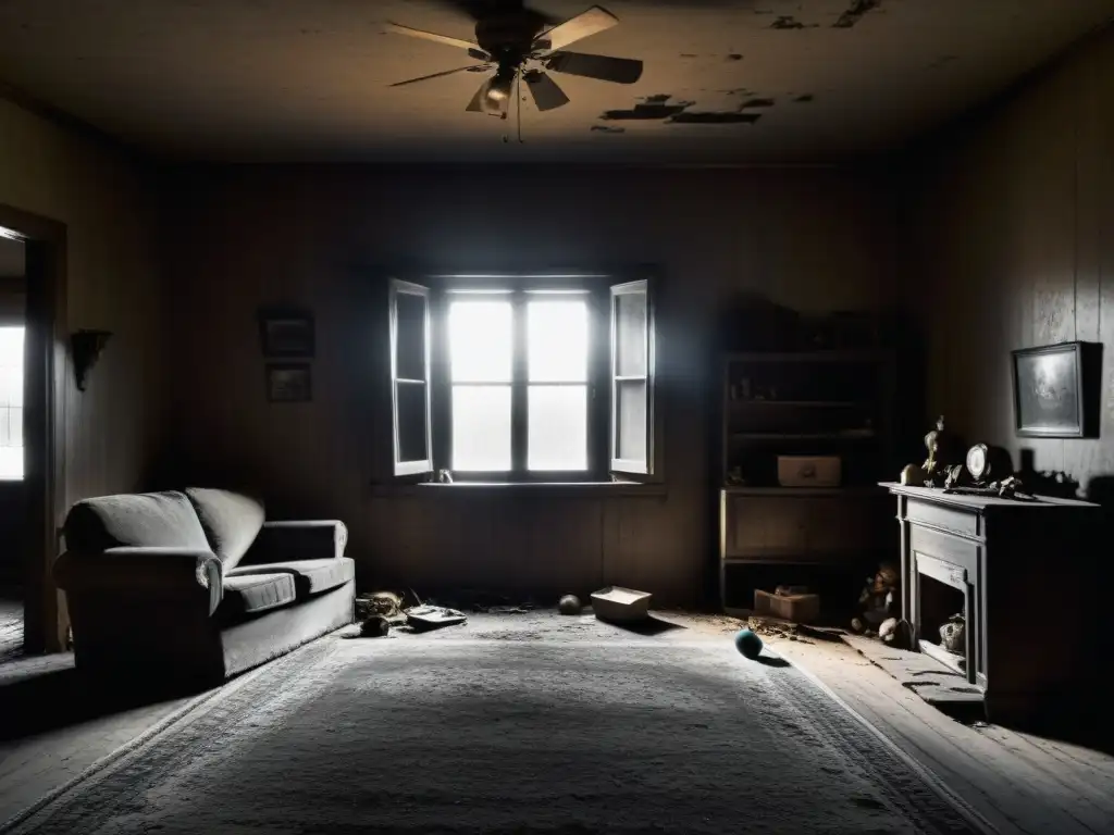 Una sala vacía y desordenada en una casa antigua, con muebles volcados y juguetes esparcidos