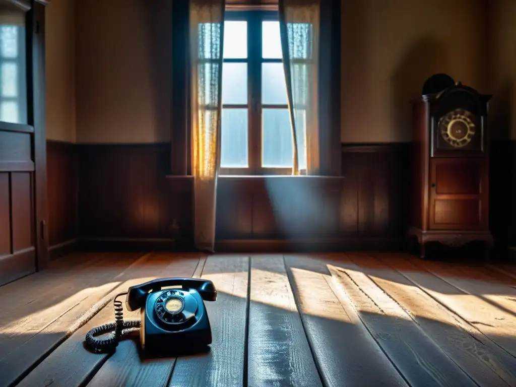 Un salón antiguo y oscuro con muebles polvorientos, un teléfono antiguo y una figura sombría en el espejo agrietado