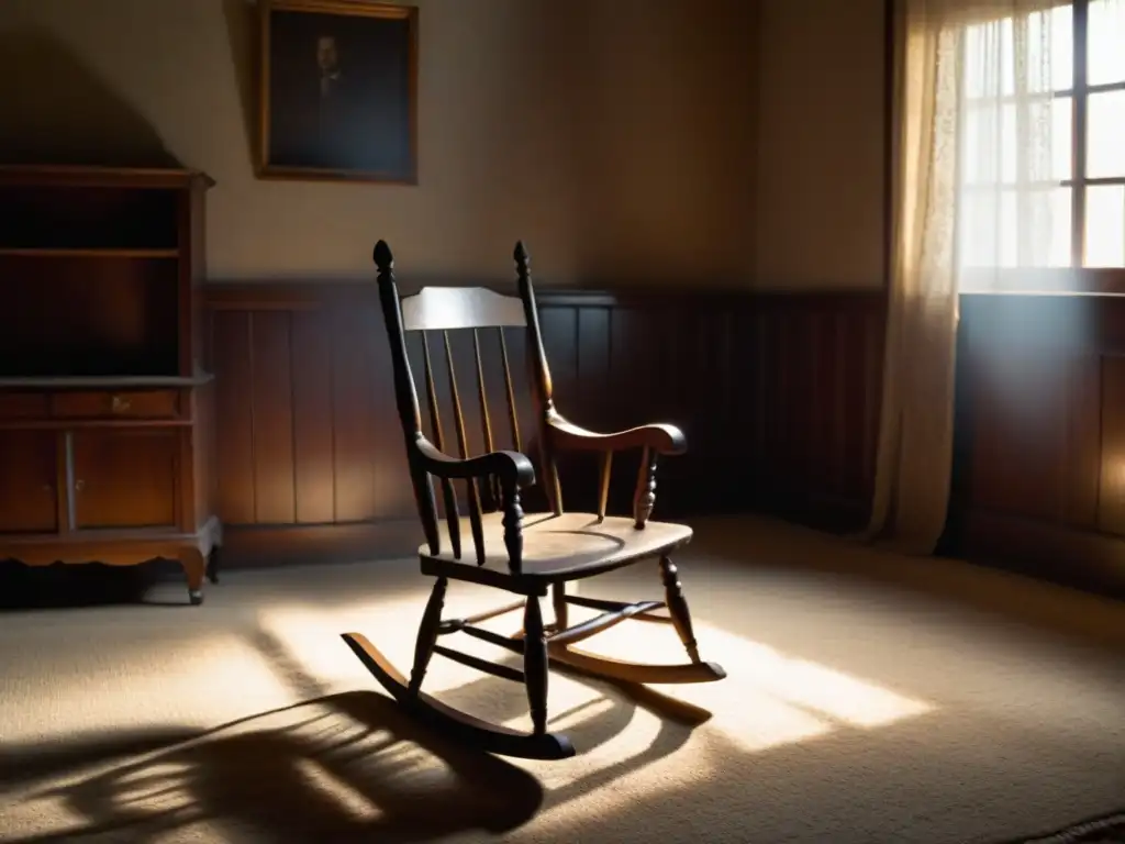 Un salón antiguo y polvoriento, con una silla mecedora de madera en el centro rodeada de misterio