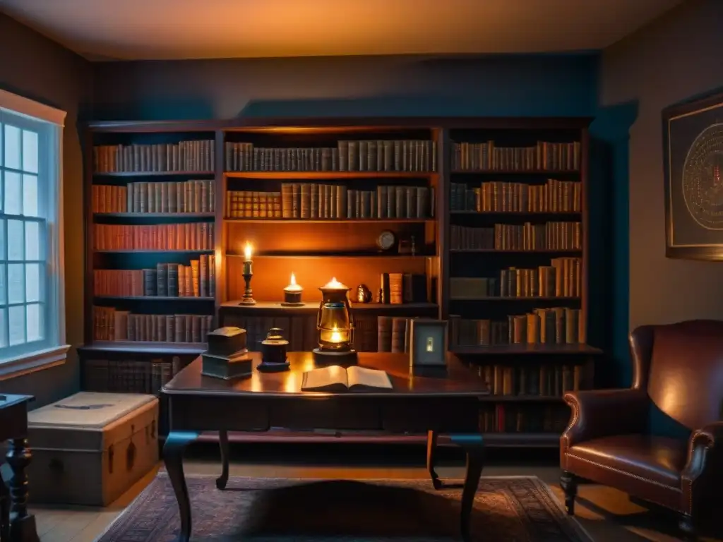 Escena paranormal: taller de investigación con equipo especializado Un salón tenue con muebles antiguos, libros polvorientos y una vela titilante proyectando sombras