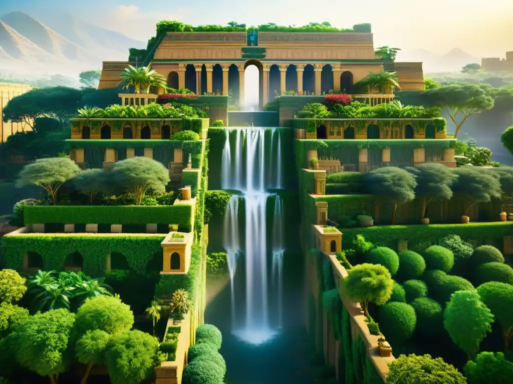 Maravilla misteriosa: Jardines Colgantes de Babilonia Descubre los Secretos antiguos de los Jardines de Babilonia en esta detallada imagen de ensueño