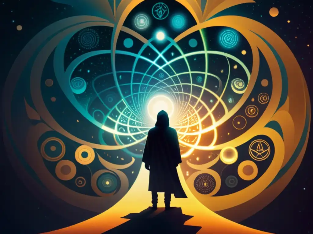 Entidades interdimensionales: portales místicos y secretos ancestrales Un ser enigmático ante portales etéreos, transmitiendo misterios sin resolver