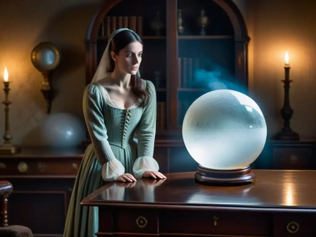 Figura misteriosa en habitación encantada con bola de cristal Un ser misterioso envuelto en niebla, observando una bola de cristal en una habitación sombría