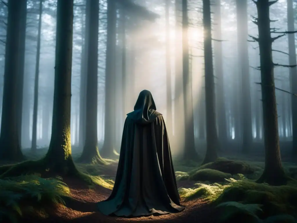Entidad misteriosa en el bosque neblinoso Un ser misterioso con ojos brillantes en un bosque neblinoso