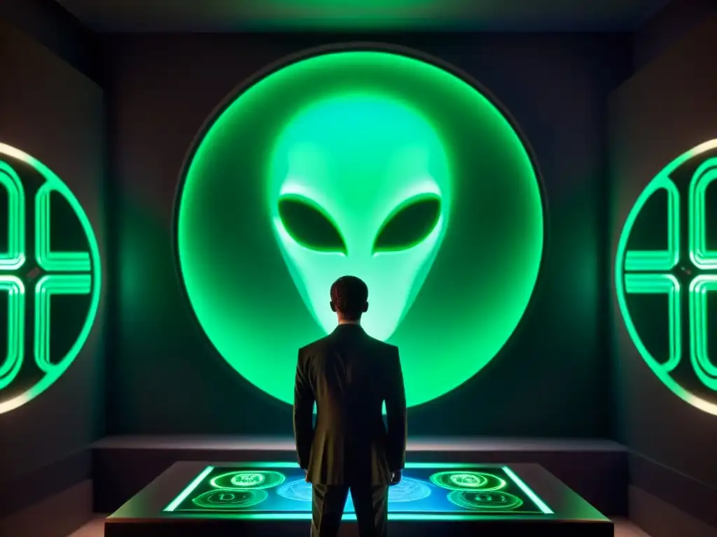 Un ser misterioso examina símbolos alienígenas en una sala oscura, rodeado de tecnología avanzada