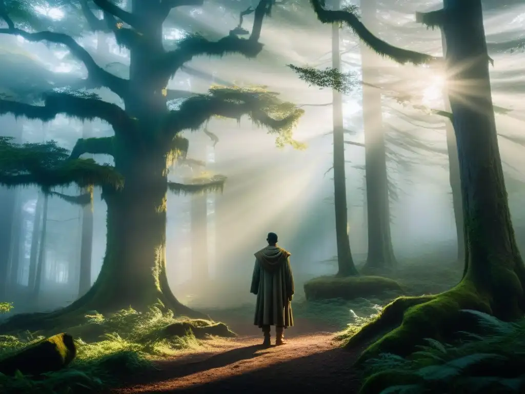 Bosque místico al amanecer: figura solitaria entre árboles antiguos Un ser solitario en un bosque brumoso al amanecer, entre árboles antiguos iluminados por rayos de luz