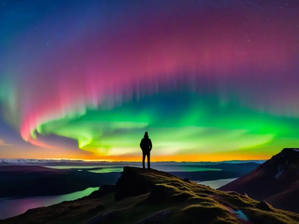 Una silueta en un acantilado, contemplando la aurora boreal
