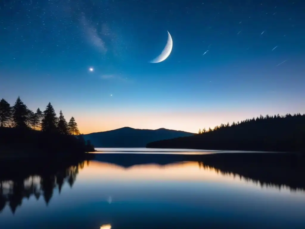 Figura en silueta al borde de lago bajo cielo estrellado con luna brillante