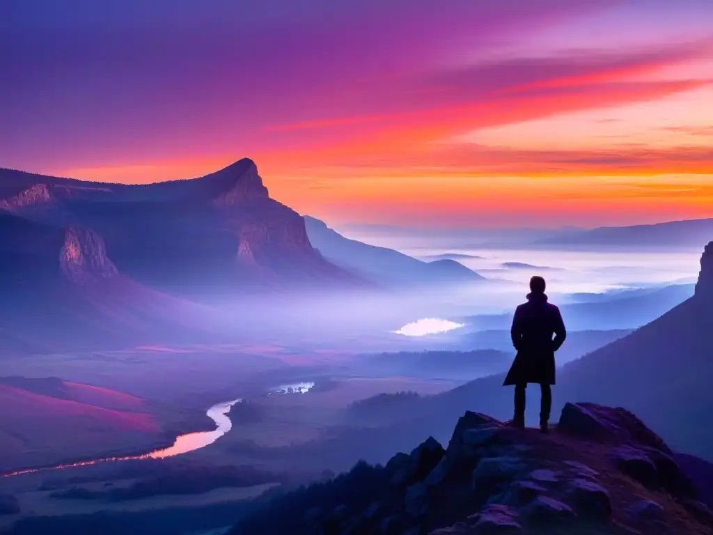 Amanecer en el acantilado: silueta en la niebla Una silueta contemplativa en un acantilado al amanecer, evocando misterio y la interpretación de sueños premonitorios en psicología