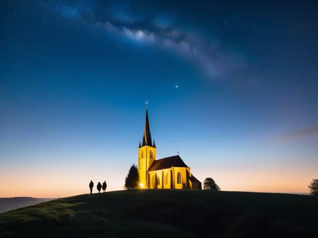 Misteriosa aparición nocturna sobre Pontmain, Francia Silueta de iglesia iluminada por luz etérea en Pontmain, con figuras misteriosas contemplando aparición mariana
