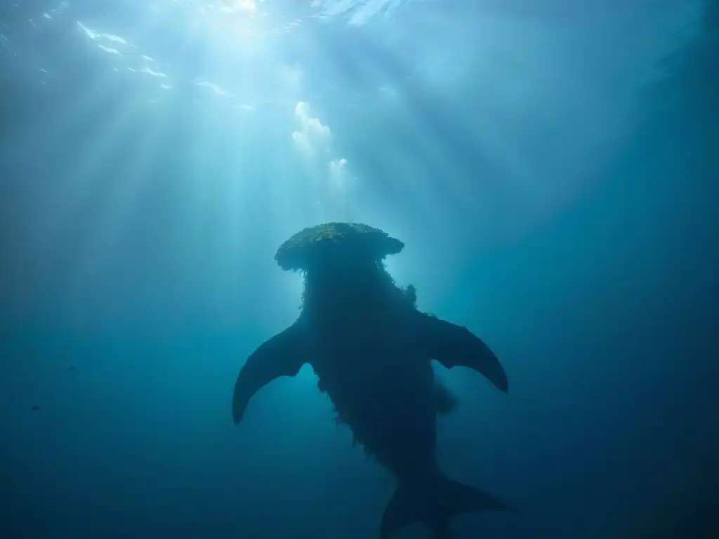 Megalodon en lo Profundo: Misteriosa Criatura en Abismo Oscuro Silueta del Megalodón misterioso en abismos submarinos, entre luces tenues y misterio profundo