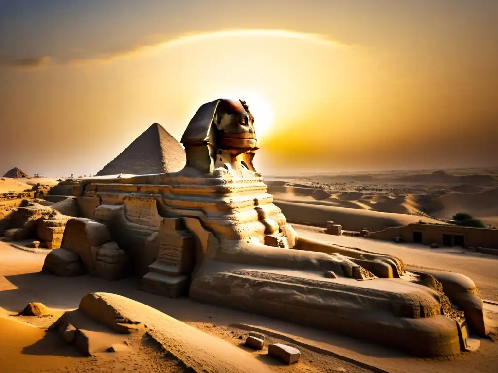 Misterio al atardecer: detallada imagen de la Gran Esfinge de Giza Silueta misteriosa del Gran Esfinge de Giza al atardecer, destacando sus detalles antiguos