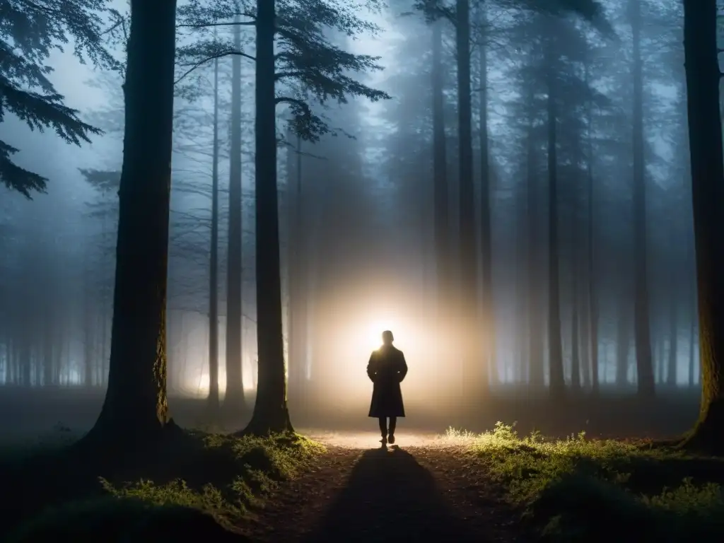 Figura misteriosa en la oscuridad de un bosque Silueta misteriosa en la oscuridad de un bosque, iluminada por farola