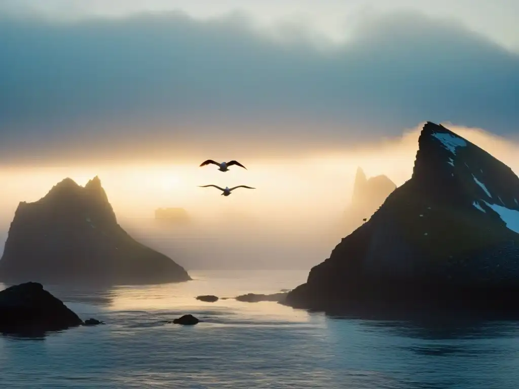 Misteriosas aves emergen del misterio: la Gran Alca Siluetas de misteriosos Auks Grandes emergen de la niebla en un remoto atardecer