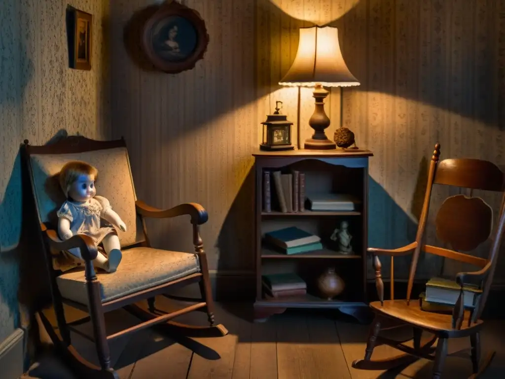 Siniestra habitación con muebles antiguos, lámpara vintage titilante y una mecedora de madera antigua