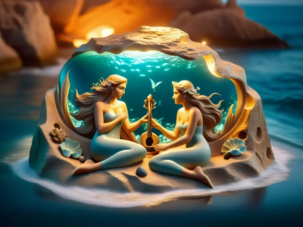 Arte griego: sirenas en rocas junto al mar Sirenas enigmáticas tocando melodías hipnóticas en misteriosa escena marina