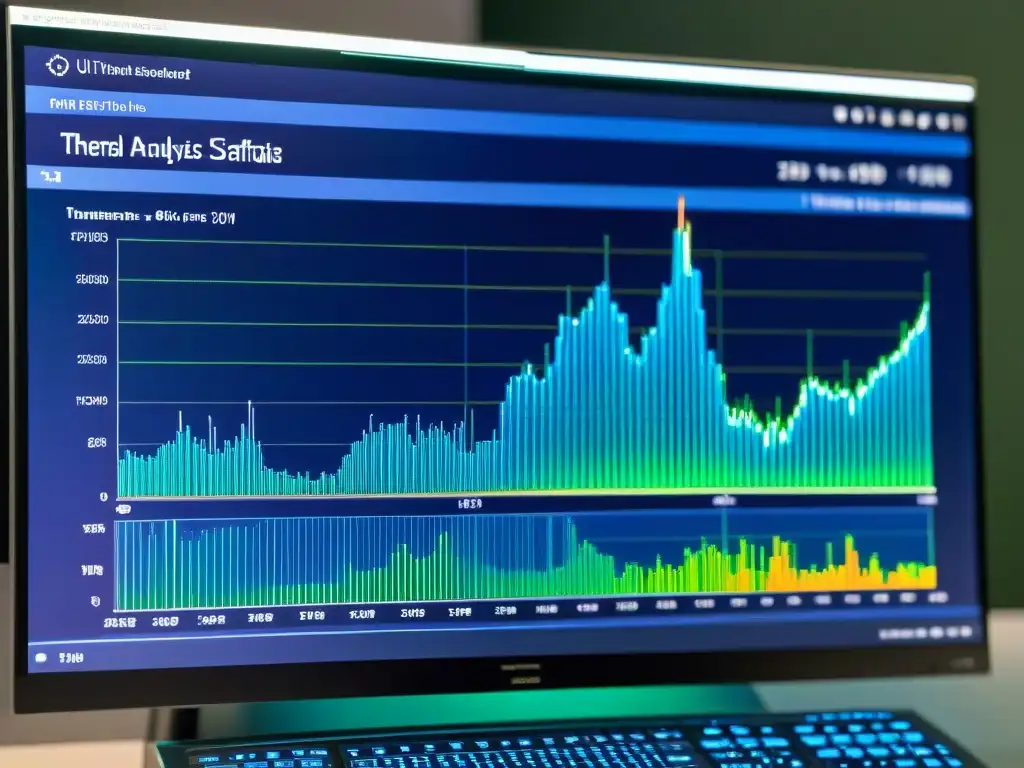 Interfaz de software térmico: datos avanzados en pantalla Software de análisis de temperatura para fenómenos paranormales, interfaz sofisticada con gráficos detallados y colores misteriosos