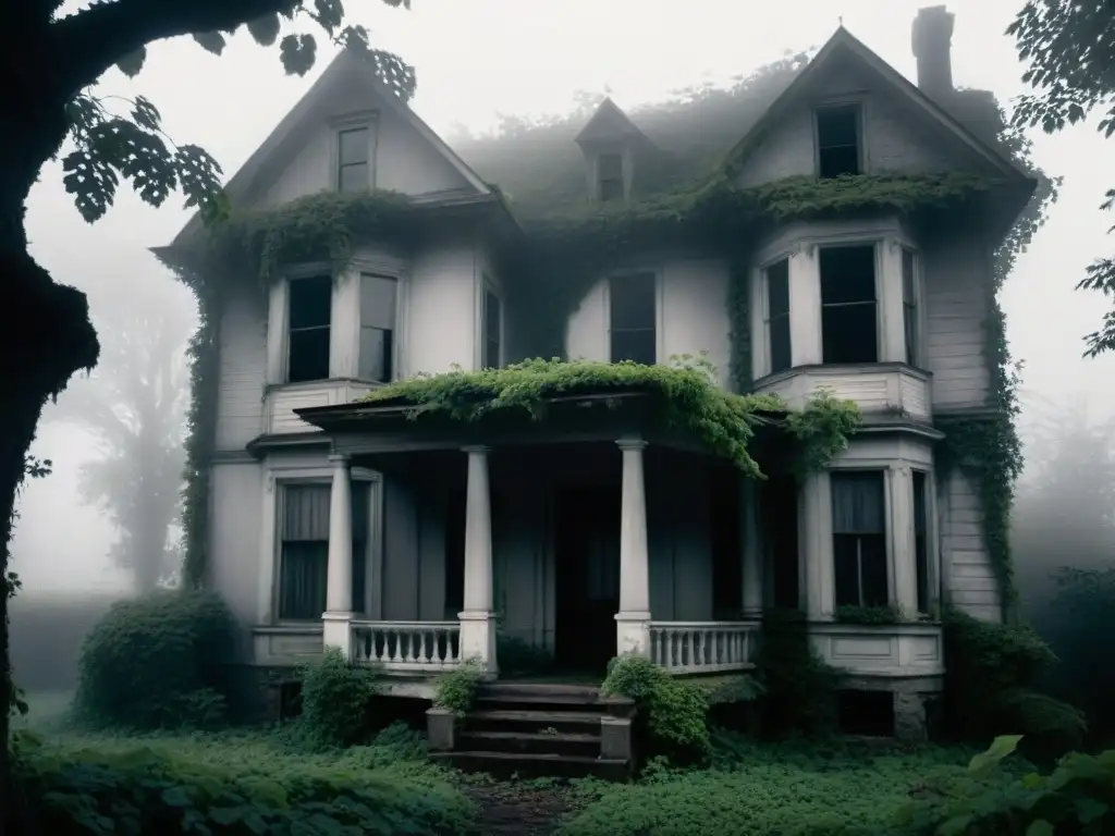 Misteriosa casa abandonada con figura fantasmal La sombría imagen en blanco y negro de una casa abandonada con ventanas rotas y enredaderas sobresaliendo, envuelta en neblina