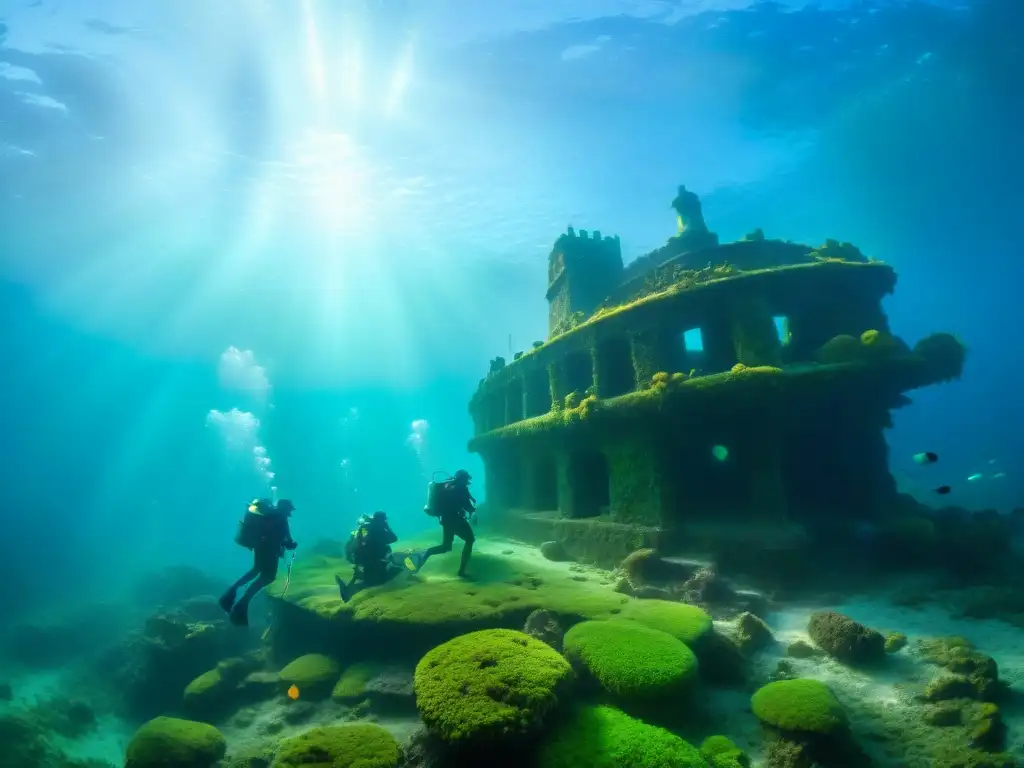 Exploración submarina: arqueólogos descubren misteriosos restos antiguos Exploración submarina de antiguas carreteras sumergidas misteriosas, con arqueólogos y ruinas cubiertas de musgo