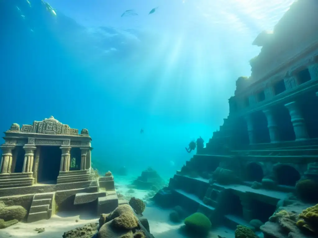 Exploración submarina: Ruinas de Dwarka con deidades hindúes y vida marina Exploración submarina detallada de la ciudad sumergida Dwarka Krishna, revelando ruinas y deidades hindúes bajo el mar azul