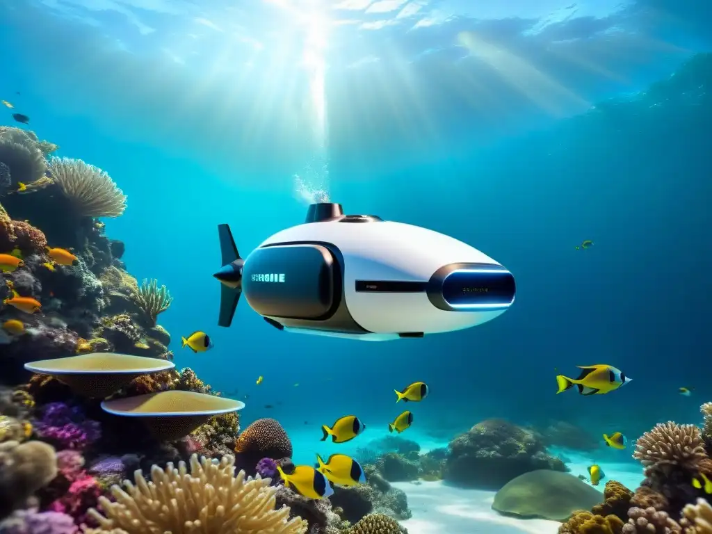 Exploración submarina con drones acuáticos: Avanzado dron navega entre peces tropicales y coloridos arrecifes de coral