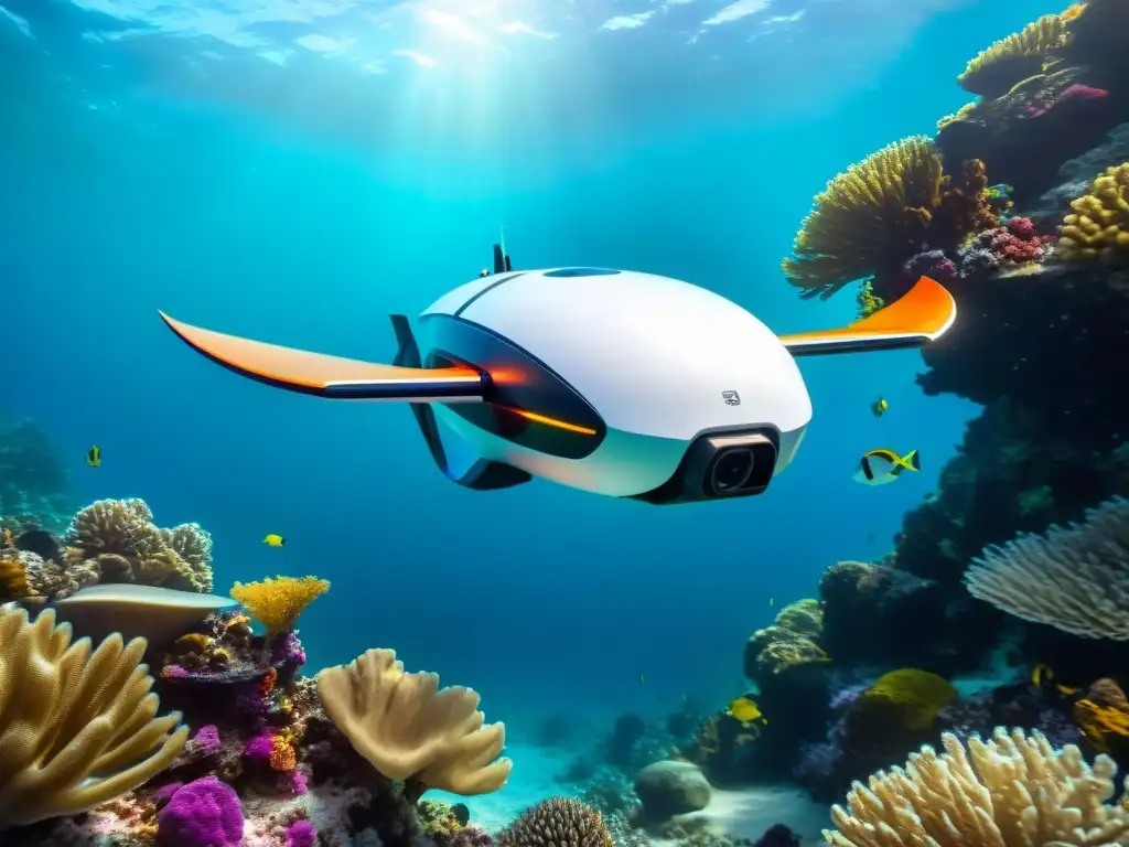 Exploración submarina con drones acuáticos: Un dron futurista surcando aguas cristalinas entre arrecifes de coral vibrantes y vida marina colorida