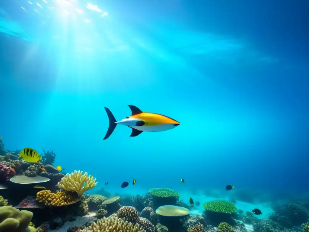 Exploración submarina con drones acuáticos: Un dron bajo el agua ilumina la vida marina en un arrecife de coral vibrante