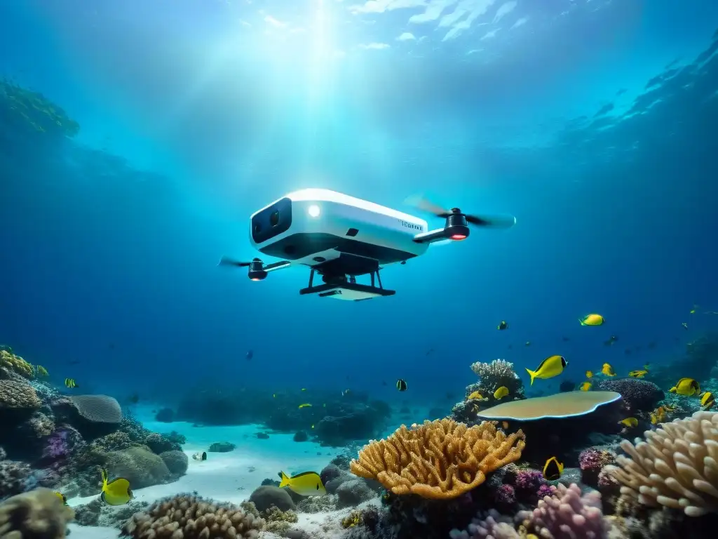 Exploración submarina con drones acuáticos: Drone futurista navega entre corales vibrantes en aguas cristalinas, iluminando misterios del fondo marino