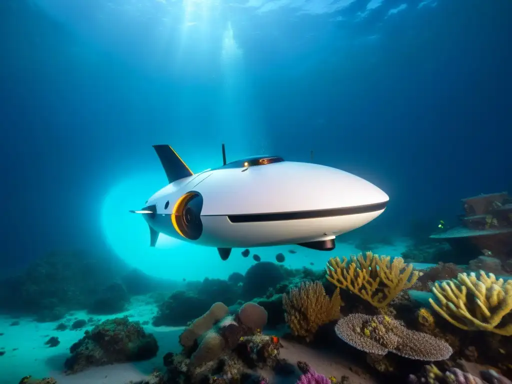 Exploración submarina con drones acuáticos: Drone futurista ilumina antiguo naufragio en el fondo marino