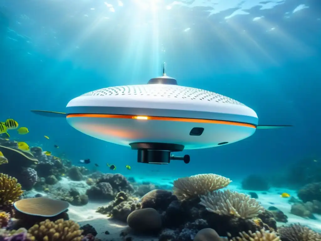 Exploración submarina con drones acuáticos: Drone futurista surca aguas cristalinas, iluminando arrecifes de coral y peces coloridos