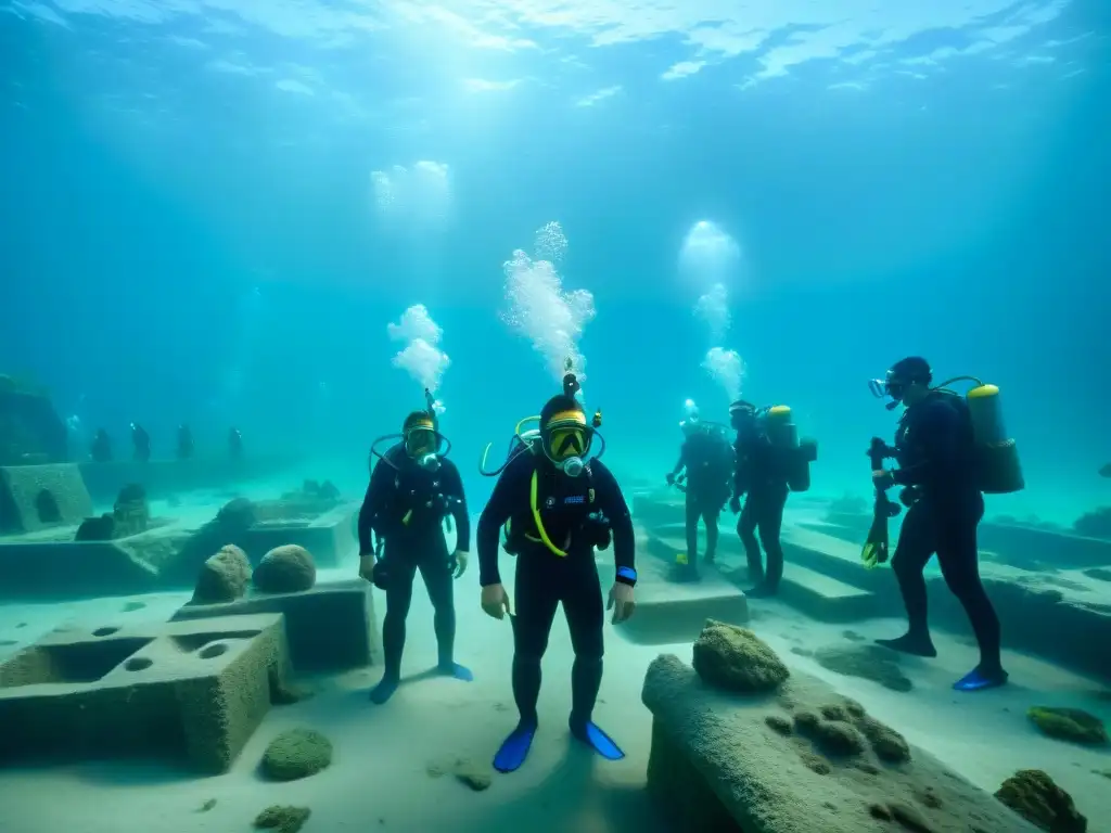 Exploración submarina: Ruinas de Heracleion Exploración submarina en la mística ciudad perdida de Heracleion, con estatuas antiguas y columnas cubiertas de vida marina